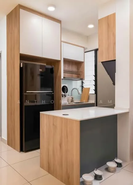 Kitchen features: black fridge, white countertop, wood cabinetry, open shelving, built-in oven, stainless-steel sink, chrome faucet, tile flooring, recessed downlights, window with horizontal slats; style: modern.