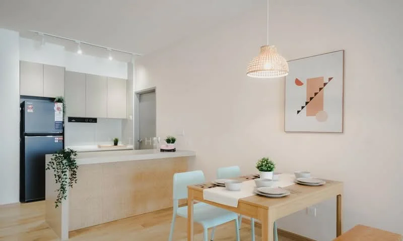 Dining features: light wood dining table, two light blue dining chairs, white ceramic plates, cutlery, decorative plants in ceramic pots, framed abstract artwork on wall, pendant light fixture, light wood flooring; style: modern. Kitchen features: white cabinetry, grey countertop, stainless-steel fridge, built-in oven, recessed lighting, open shelving, neutral painted walls; style: modern.