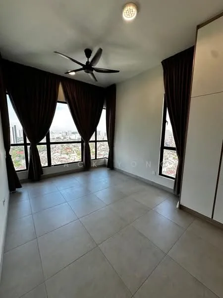 Room features: large floor-to-ceiling windows, brown curtains, grey tiled flooring, white painted walls, ceiling fan with light, built-in wardrobe, city view; style: modern; view: city.