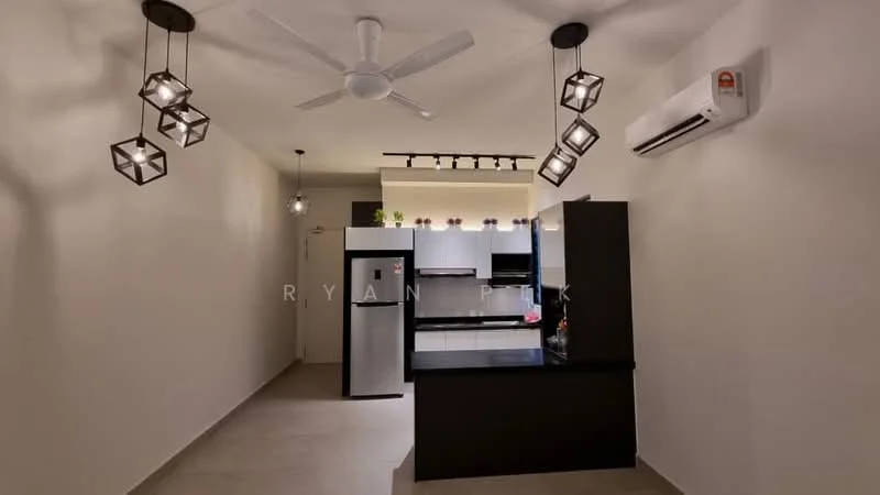 Kitchen features: black countertop, stainless-steel fridge, built-in oven, freestanding range oven, black cabinetry, pendant lighting with geometric design, 5-blade ceiling fan, wall-mounted split AC, open shelving, tile flooring, recessed lighting; style: modern.