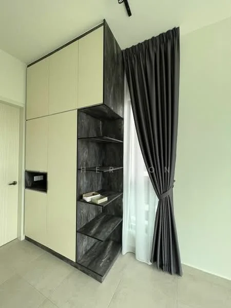 Room features: built-in cabinetry with beige finish, open shelving with dark stone finish, floor-to-ceiling grey curtains, light-colored wall, tile flooring in light grey, minimalist design, modern aesthetic; style: modern.