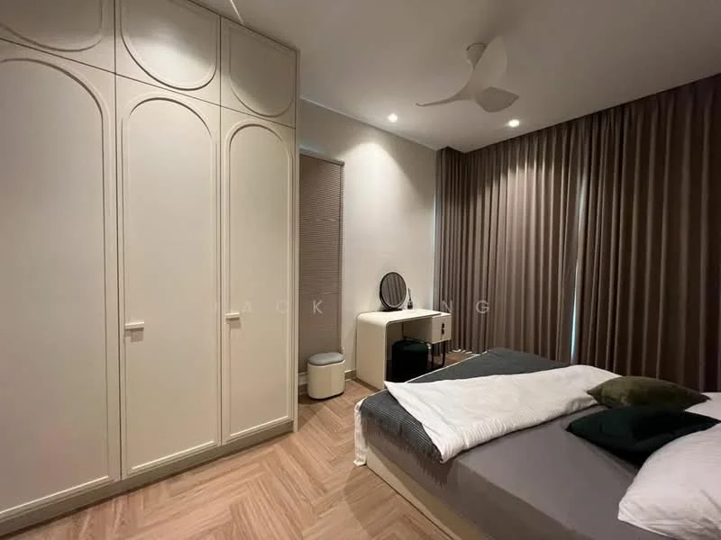 Bedroom features: queen-size bed, upholstered headboard, wooden flooring, built-in wardrobe with curved design, desk with mirror, task chair, floor-to-ceiling curtains in brown, ceiling fan with light, decorative pillows, side table, white bedding; style: modern.