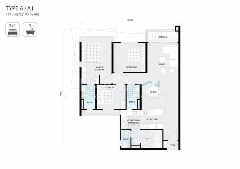 Floor plan: 3-bedroom 3-bathroom unit; features: open-plan kitchen-dining-living, master bedroom with ensuite bathroom, bedroom 2 with shared bathroom, bedroom 3 with shared bathroom, wet kitchen, dry kitchen, utility room, balcony off living room, central foyer.