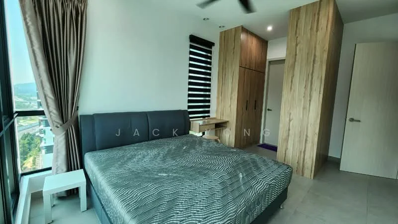 Bedroom features: queen-size bed with grey upholstered headboard, striped bedding, floor-to-ceiling windows, blackout curtains, wooden wardrobe with sliding doors, light grey tiled flooring, ceiling fan, decorative wall paneling, nightstand in white, wall-mounted light fixture; style: modern; view: city.