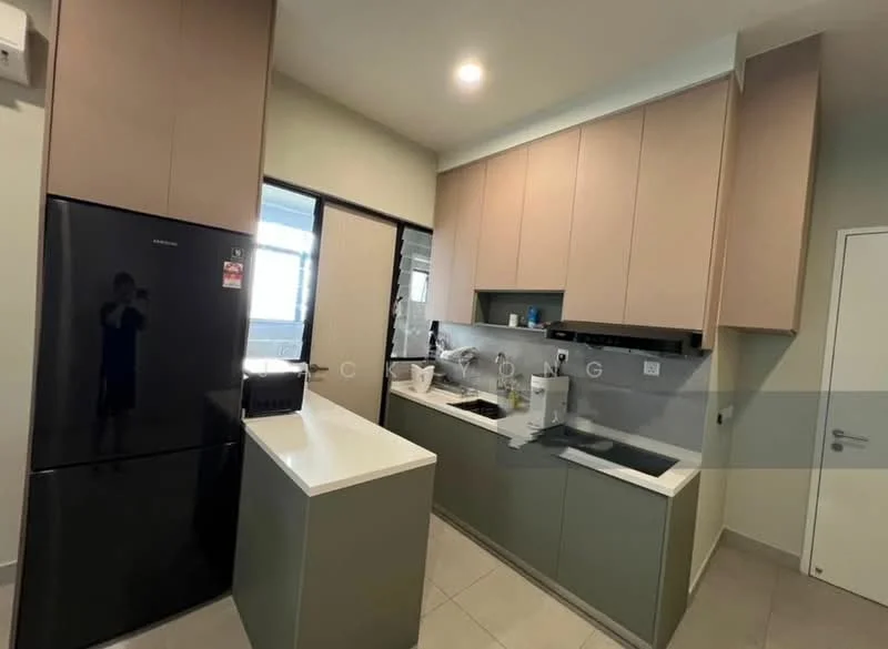Kitchen features: black refrigerator, white countertop, green lower cabinetry, beige upper cabinetry, built-in sink, chrome faucet, ceramic tile flooring, recessed downlights, wall-mounted microwave, kitchen appliances, open shelving, window with natural light; style: modern.