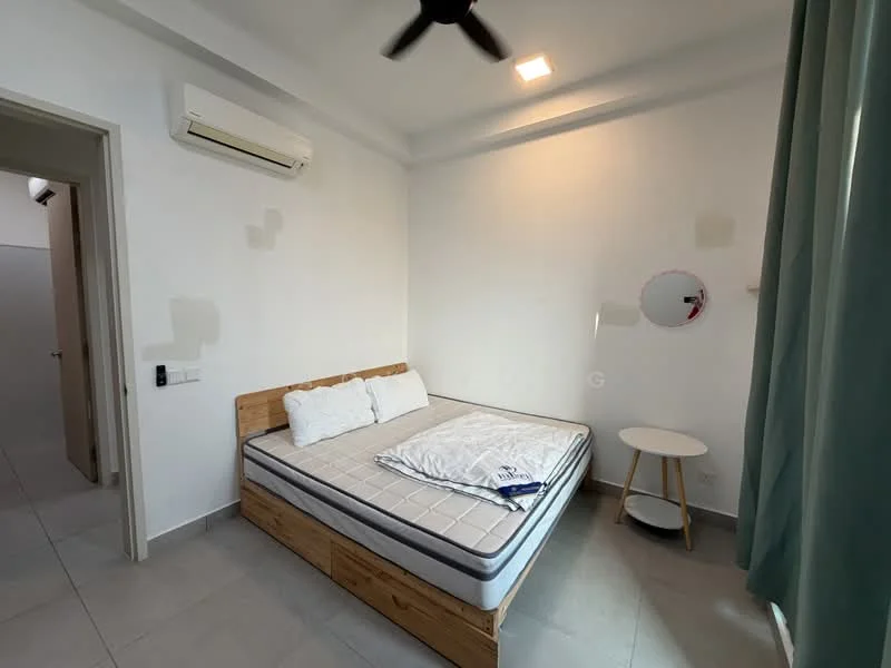 Bedroom features: queen-size bed, wooden bed frame, mattress with bedding, round mirror, white bedside table, wall-mounted air conditioning unit, ceiling fan, light fixture, grey curtains, tile flooring, white painted walls; style: modern.