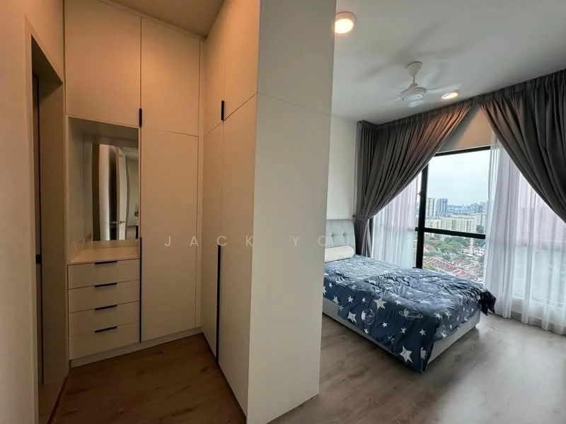 Bedroom features: queen-size bed with blue bedding, floor-to-ceiling windows, curtains, wooden flooring, ceiling fan, built-in wardrobe with mirror, nightstand, decorative wall art; style: modern; view: city.