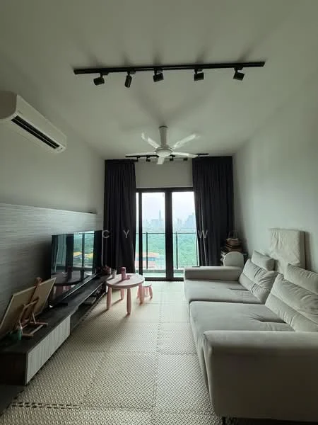 Living features: 3-seater fabric sofa in light grey, coffee table, TV console, wall-mounted TV, floor-to-ceiling windows, blackout curtains, 5-blade ceiling fan with light, recessed LED downlights, area rug, decorative wall art, wood panel accent wall, air conditioning unit; style: modern; view: city.