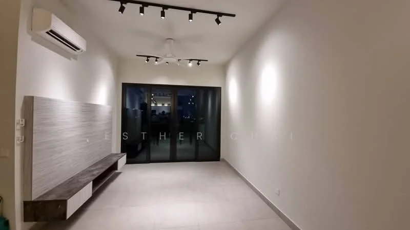 Living features: white painted walls, grey tiled flooring, 5-blade ceiling fan with light, recessed LED downlights, sliding glass door, built-in wooden bench, wall-mounted air conditioning unit, floor-to-ceiling windows; style: modern; view: city.