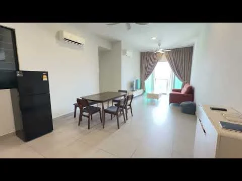 Living features: light-colored tiled flooring, white painted walls, 5-blade ceiling fan with light, wall-mounted split AC, dining table with 4 wooden chairs, black fridge, sofa in red fabric, large window with sheer curtains, decorative wall panel, TV console, beige area rug; style: modern; view: city.