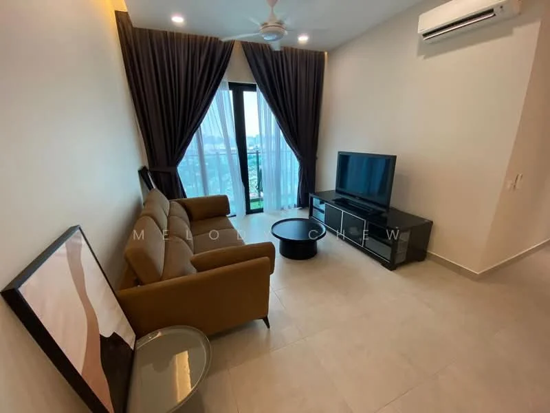 Living features: 3-seater fabric sofa in brown, coffee table, wall-mounted TV, TV console in black, floor-to-ceiling windows, sheer curtains, dark curtains, ceiling fan, light-colored tile flooring, air conditioning unit; style: modern; view: city.