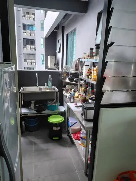 Kitchen features: single-bowl stainless-steel sink, chrome pull-down faucet, stainless-steel countertop, metal shelving unit, various cooking utensils, multiple spice jars, plastic storage containers, grey tiled flooring, window with green view, refrigerator, open shelving, cooking pots, cleaning supplies; style: modern.