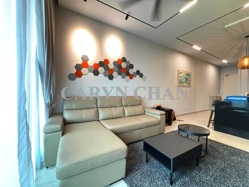 Living features: L-shape sectional sofa in beige, black coffee table, area rug with geometric pattern, wall-mounted artwork with hexagonal design in orange and grey, recessed ceiling lights, 5-blade ceiling fan, floor-to-ceiling windows with sheer curtains, light grey painted walls, light-colored flooring; style: modern.