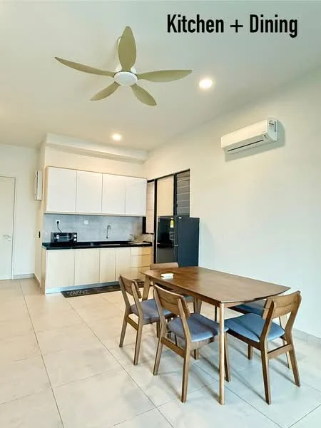Kitchen features: white cabinetry, black countertop, stainless-steel sink, chrome pull-down faucet, built-in oven, stainless-steel fridge, 4-burner gas hob, wall-mounted split AC, 5-blade ceiling fan with light, tile flooring, open shelving, dining table with 4 chairs; style: modern.