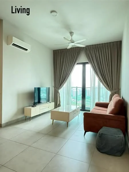 Living features: 3-seater fabric sofa in orange, coffee table, TV console, wall-mounted TV, floor-to-ceiling windows, sheer curtains, dropped ceiling, 1 wall-mounted split AC, ceiling fan, light-colored tiled flooring, decorative throw pillow, decorative pouf; style: modern; view: city.
