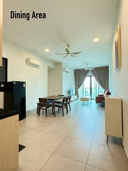 Dining features: dining table with four chairs, wall-mounted air conditioning unit, light-colored tiled flooring, large sliding glass door leading to balcony, floor-to-ceiling windows, curtains in neutral color, sofa in living area visible, decorative wall art, white painted walls, ceiling with recessed lighting, ceiling fan with light; style: modern; view: city.