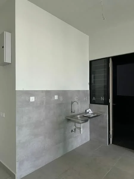 Laundry features: grey tiled flooring, white painted walls, stainless-steel sink, chrome faucet, wall-mounted electrical panel, door leading to outside, window for natural light; style: modern.
