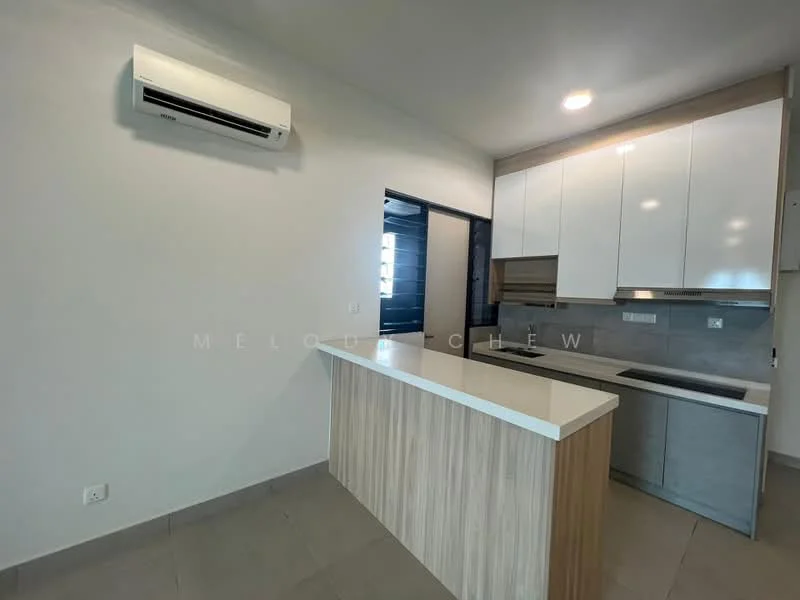 Kitchen features: white cabinetry with flat-panel doors, light wood cabinetry, white quartz countertop, stainless-steel sink, chrome pull-down faucet, built-in oven, 4-burner gas hob, wall-mounted split AC, grey tile flooring, recessed downlights; style: modern.