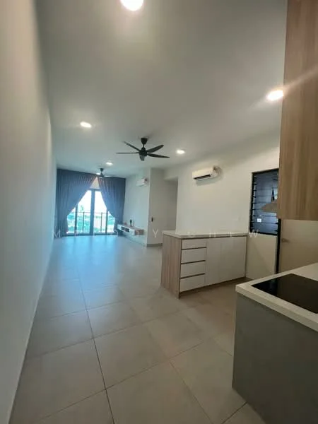 Living features: light grey tiled flooring, white painted walls, 5-blade ceiling fan with light, recessed downlights, large sliding glass door, floor-to-ceiling windows, curtains, built-in cabinetry, kitchen island with countertop, air conditioning unit; style: modern; view: city.