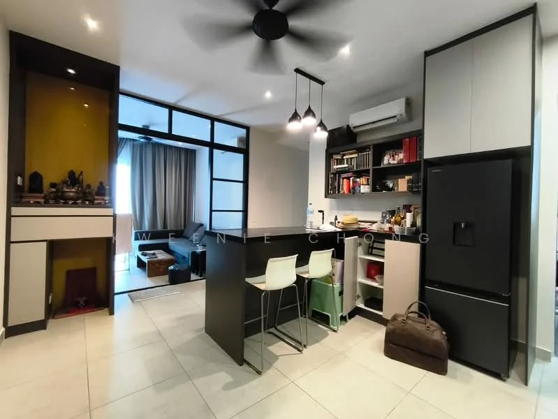 Kitchen features: black refrigerator, white cabinetry, open shelving, kitchen island with seating, stainless-steel sink, chrome pull-down faucet, built-in oven, microwave, pendant lighting, 5-blade ceiling fan, ceramic tile flooring, grey accent wall, window with sheer curtains; style: modern. Living features: sofa, coffee table, TV console, wall-mounted TV, curtains, area rug; style: modern.