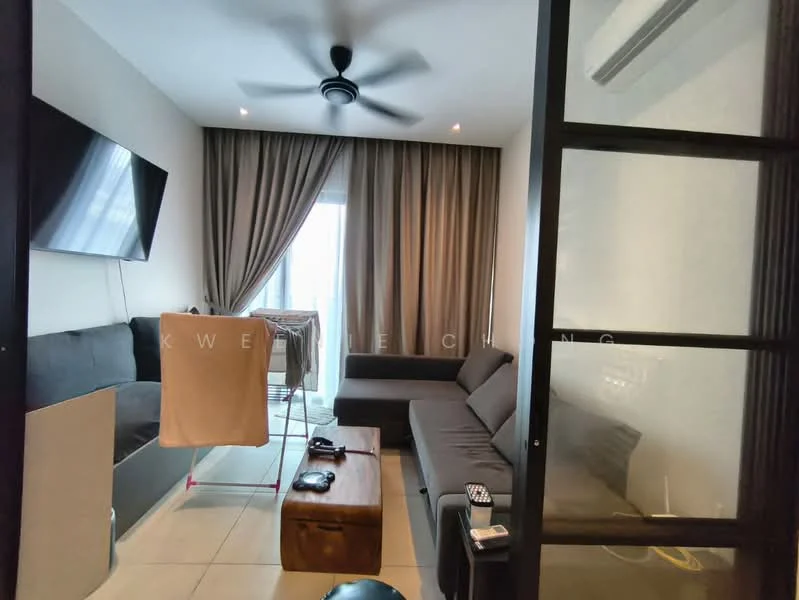 Living features: 3-seater fabric sofa in grey, 2-seater fabric sofa in grey, wooden coffee table, wall-mounted TV, ceiling fan, floor-to-ceiling windows with sheer curtains, tile flooring, light-colored walls, decorative wall art, clothes drying rack; style: modern; view: city.