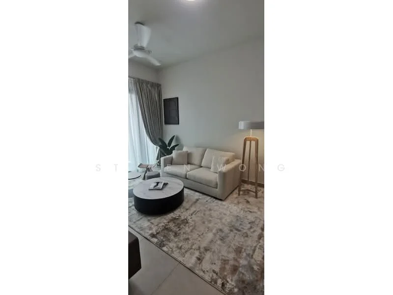 Living features: 3-seater fabric sofa in cream, round coffee table, area rug with abstract pattern, floor-to-ceiling windows, sheer curtains, ceiling fan, decorative plant, lamp on floor stand, neutral painted walls, tile flooring; style: modern.