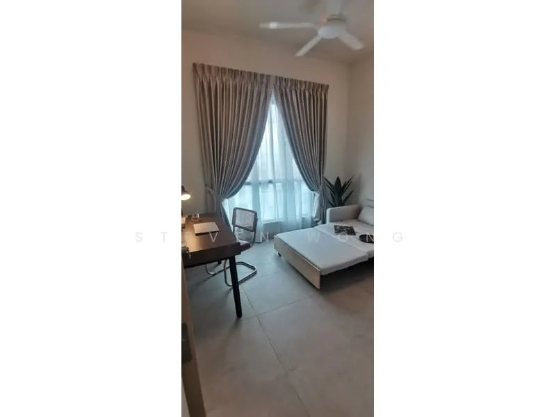 Bedroom features: single bed, upholstered headboard, bedside lamp, study desk, chair, floor-to-ceiling window, sheer curtains, decorative plant, light-colored walls, tile flooring, ceiling fan; style: modern; view: city.