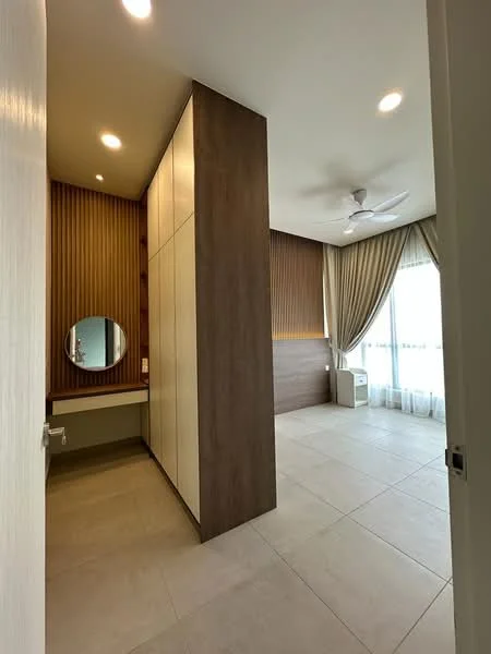 Room features: light-colored tile flooring, wood panel accent wall, built-in wardrobe with sliding doors, round mirror, ceiling fan, floor-to-ceiling window with sheer curtains, neutral wall color, air conditioning unit; style: modern; view: city.