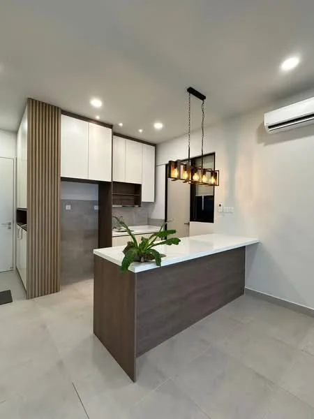 Kitchen features: white quartz countertop, wooden cabinetry with flat-panel design, stainless-steel sink, chrome pull-down faucet, pendant lighting with multiple bulbs, wall-mounted split AC, grey tiled backsplash, ceramic tile flooring, open shelving, recessed downlights; style: modern.