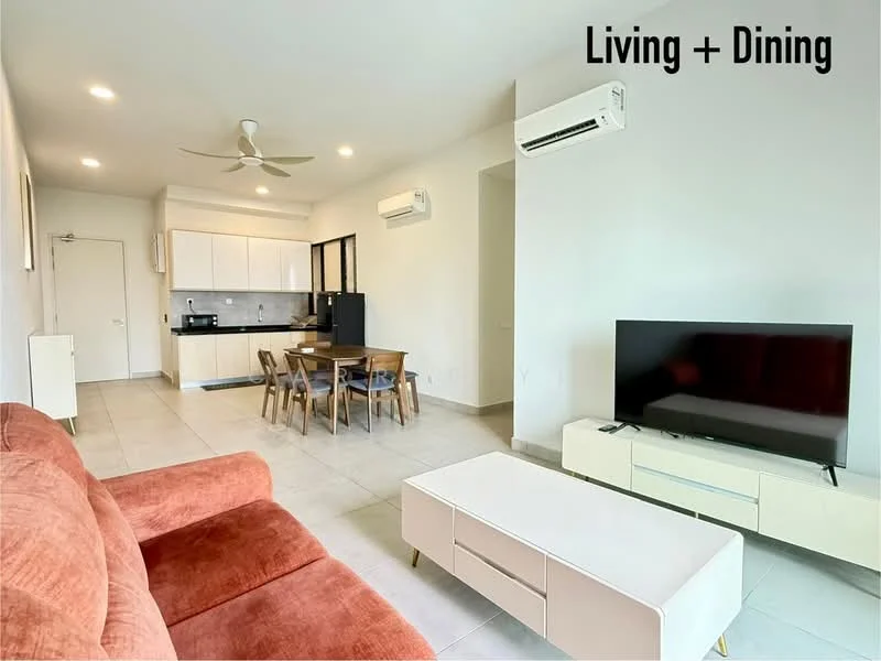 Living features: 3-seater fabric sofa in orange, coffee table with white finish, wall-mounted TV, TV console with storage, dining table for 4 with wooden chairs, ceiling fan, air conditioning unit, light-colored tiled flooring, white painted walls, large window for natural light; style: modern. Kitchen features: white cabinetry, black countertop, built-in oven, stainless-steel sink, 4-burner gas hob, refrigerator, tile backsplash, open shelving; style: modern.