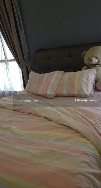 Bedroom features: king-size bed with upholstered headboard, pink and yellow striped bedding, two matching pillows, large teddy bear on bed, floor-to-ceiling window with sheer curtains, grey painted walls, wooden flooring, decorative wall art; style: modern.