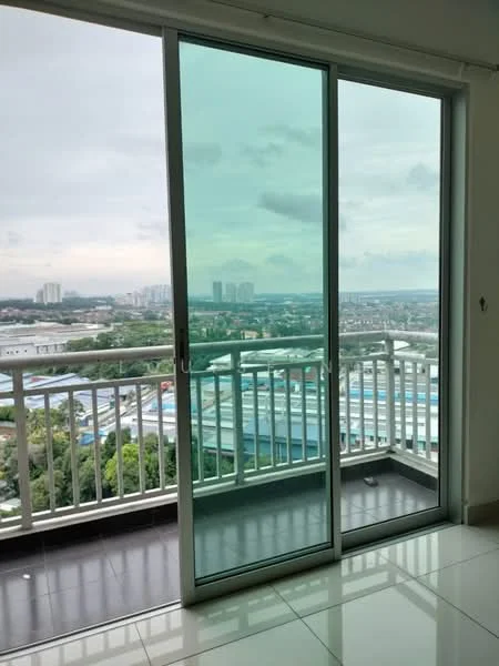 Room features: sliding glass door, floor-to-ceiling windows, white walls, glossy tile flooring, balcony with railing, city view; style: modern; view: city.