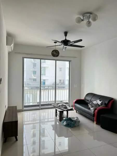 Living features: 3-blade ceiling fan with light, sofa in black with red accents, coffee table, wall-mounted split AC, floor-to-ceiling sliding glass door, white painted walls, glossy tile flooring, decorative pendant light; style: modern.