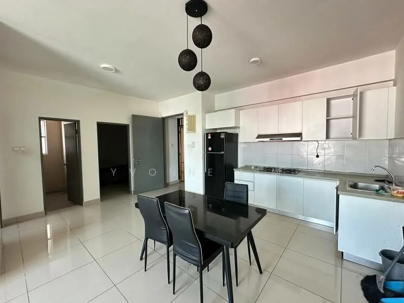 Kitchen features: white cabinetry, black glass dining table, 4 black dining chairs, stainless-steel sink, chrome pull-down faucet, built-in gas stove, black refrigerator, white tiled backsplash, ceramic tile flooring, recessed downlights, wall-mounted kitchen cabinets, open layout to dining area; style: modern. Room features: light-colored walls, doorway leading to another room.