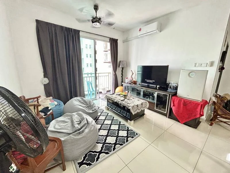 Living features: white painted walls, glossy tile flooring, 5-blade ceiling fan with light, floor-to-ceiling windows, sliding glass door, blackout curtains, TV console, wall-mounted TV, coffee table, bean bags, area rug with geometric pattern, decorative lamp, air conditioning unit; style: modern; view: city.