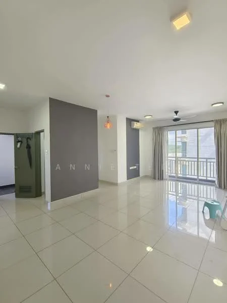 Living features: white painted walls, glossy ceramic tile flooring, recessed downlights, pendant light, 5-blade ceiling fan, sliding glass door, floor-to-ceiling windows, curtains, air conditioning unit, open layout, balcony access; style: modern. Room features: white painted walls, glossy ceramic tile flooring, doorway, light switch.