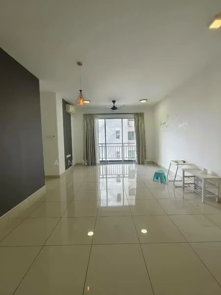 Living features: white painted walls, grey accent wall, glossy ceramic tile flooring, 5-blade ceiling fan with light, recessed downlights, floor-to-ceiling sliding glass door, sheer curtains, balcony access, decorative pendant light, open space layout; style: modern; view: city.