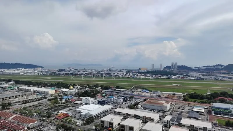 Exterior type: high-rise condominium; features: city skyline view, runway view, surrounded by commercial buildings, green landscape in foreground, water body in background, multiple storey buildings, urban setting; style: modern.