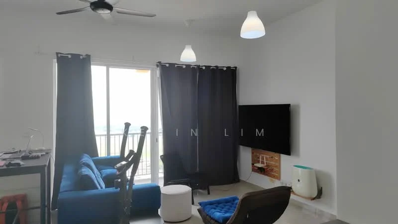 Living features: 3-seater fabric sofa in blue, accent chair in brown, white round coffee table, wall-mounted TV, black curtains, ceiling fan, 2 pendant lights, tile flooring, large sliding glass door, decorative wall with wood paneling; style: modern; view: city.
