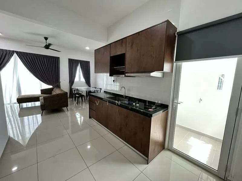 Kitchen features: brown wooden cabinetry, black granite countertop, stainless-steel sink, chrome pull-down faucet, built-in oven, 4-burner gas hob, white tiled backsplash, recessed downlights, ceramic tile flooring, ceiling fan, floor-to-ceiling windows with sheer curtains, open layout to living area; style: modern. Living features: 3-seater fabric sofa, coffee table, curtains, natural light from windows, ceramic tile flooring; style: modern.