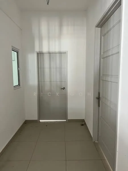 Room features: white painted walls, grey tiled flooring, single window, metal door, interior door, natural light from window; style: modern.