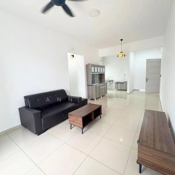 Living features: black leather sofa, wooden coffee table, TV console, white painted walls, glossy tile flooring, ceiling fan, pendant light, open layout to kitchen area; style: modern.