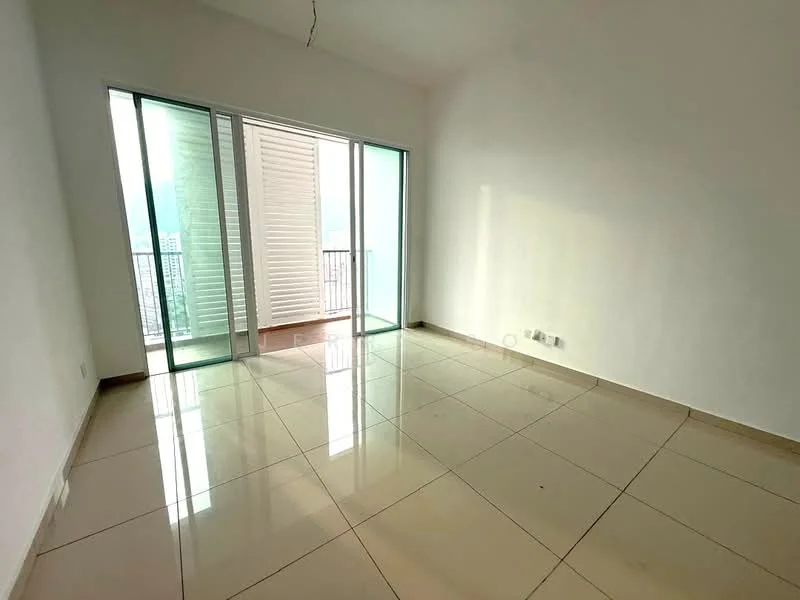 Room features: white painted walls, glossy ceramic tile flooring, floor-to-ceiling sliding glass doors, balcony access, natural light from windows, minimalist design, no visible furniture, neutral color scheme; style: modern; view: city.