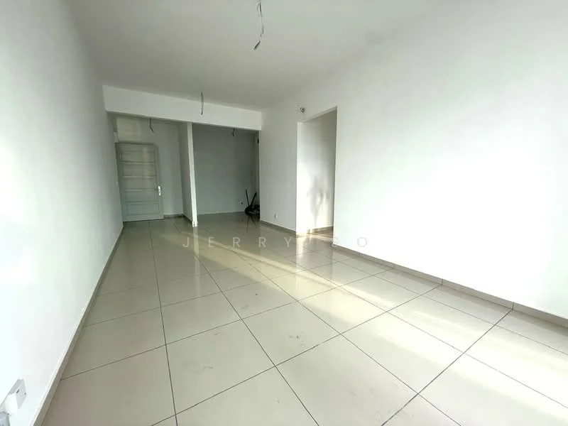 Room features: white painted walls, glossy beige tile flooring, natural light from windows, no visible furniture, ceiling with exposed wiring, open layout, neutral color scheme, minimal decor; style: modern.