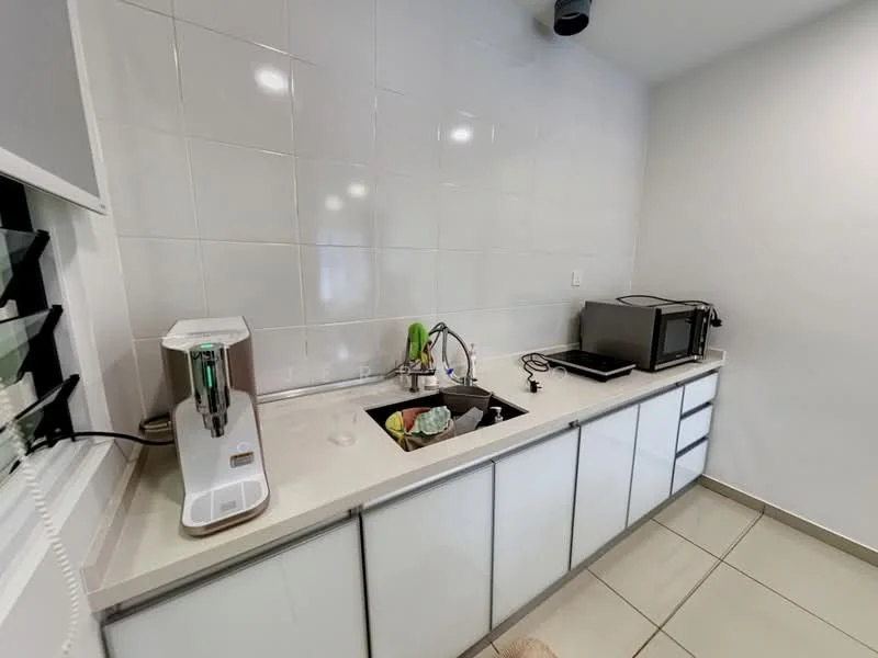 Kitchen features: white tiled walls, light-colored countertop, single-bowl stainless-steel sink, chrome pull-down faucet, built-in microwave, water dispenser, flat-panel white cabinets, ceramic tile flooring; style: modern.