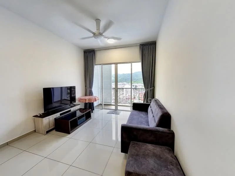 Living features: 3-seater fabric sofa in dark grey, 2-seater fabric sofa in dark grey, wall-mounted TV, TV console in light wood, floor-to-ceiling windows, sliding glass door, curtains in grey, ceiling fan with light, white painted walls, glossy white tile flooring, small round table with checkered tablecloth, mountain view from balcony; style: modern; view: mountain.