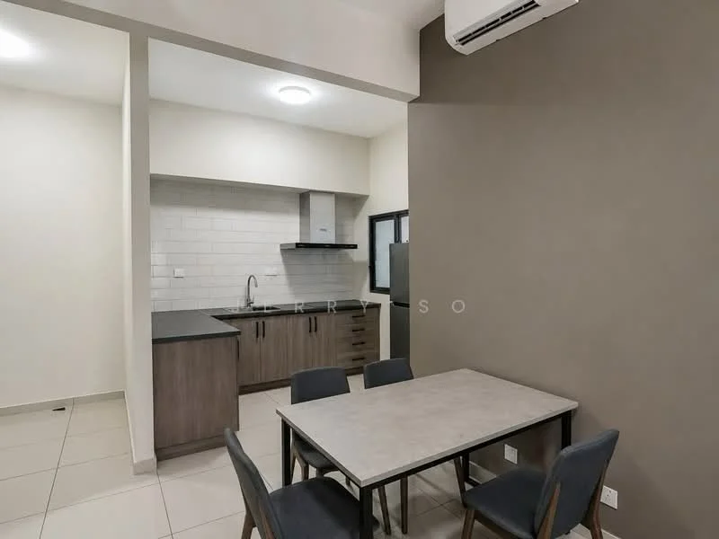 Dining features: 4-seater dining table, upholstered dining chairs in blue, cream painted walls, tile flooring, recessed ceiling lights, wall-mounted split AC, open kitchen layout, grey cabinetry, black countertop, stainless-steel sink, chrome pull-down faucet, white subway tile backsplash; style: modern. Kitchen features: grey cabinetry, black countertop, stainless-steel sink, chrome pull-down faucet, white subway tile backsplash, built-in stove, exhaust hood; style: modern.