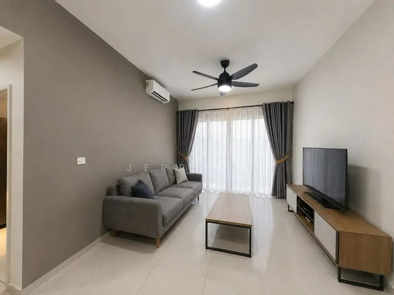 Living features: 3-seater fabric sofa in grey, wooden coffee table, wall-mounted TV, TV console with storage, floor-to-ceiling windows, sheer curtains, dark grey accent wall, light-coloured tiled flooring, 1 wall-mounted split AC, 5-blade ceiling fan with light; style: modern.