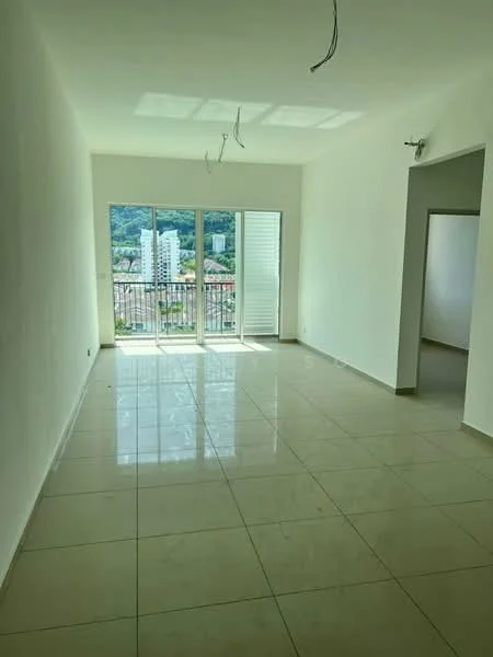 Living features: white painted walls, glossy ceramic tile flooring, floor-to-ceiling windows, sliding glass door, balcony access, natural light from windows, no visible furniture, unfurnished space; style: modern; view: city.