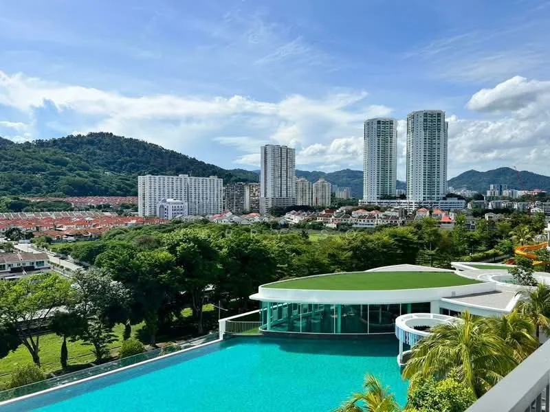 Exterior type: high-rise condominium; features: infinity pool, pool deck with loungers, surrounded by mature greenery, city skyline in background, mountain view, modern architectural design, glass facade, landscaped garden; style: modern.